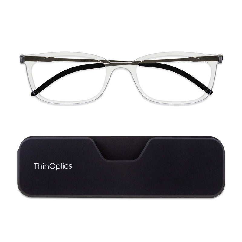 ThinOptics Connect Ultra-Thin Reading Glasses 3.00 Clear Frames - Magnetic Case Attaches to Phone - +3.0 Strength Rectangular Readers - Unisex for Men & Woman